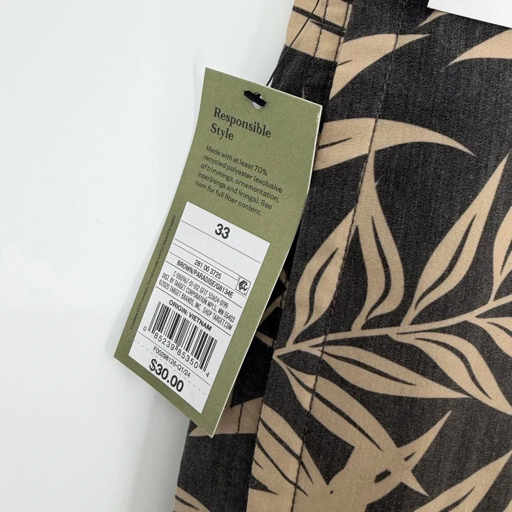 Goodfellow & Co Board Shorts Mens 33 Brown Leaf Print 4-Way Stretch Swim Trunks